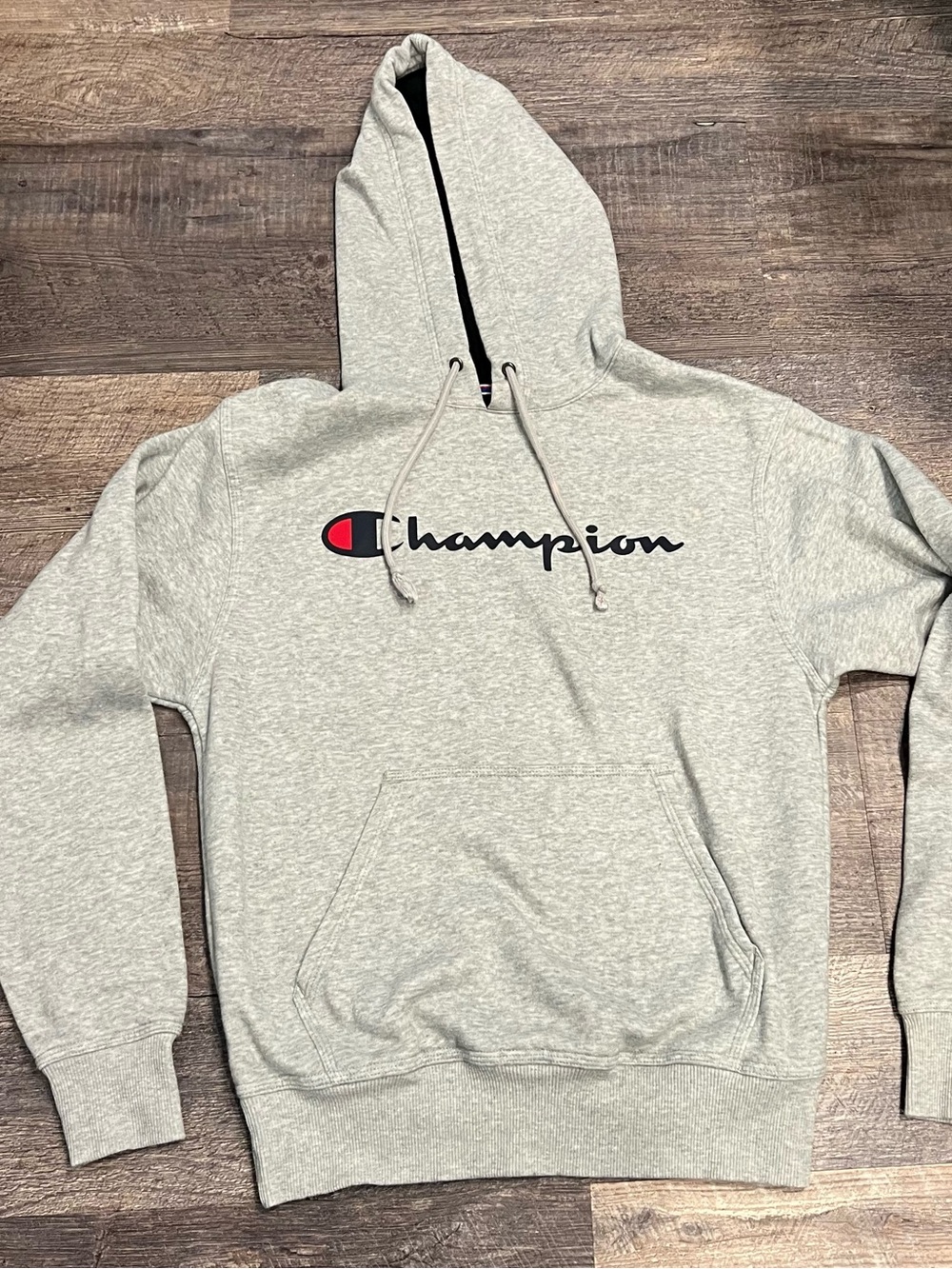 Champion Light Gray Hoodie with Script Logo
